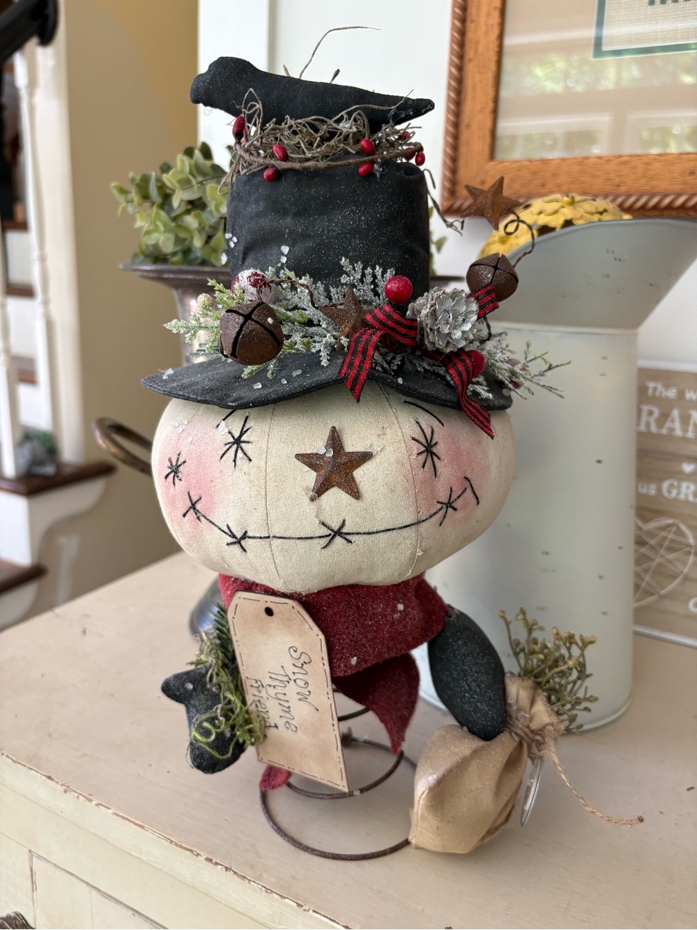 Handcrafted Black and Cream Snowman Decoration - Rustic Holiday Accent